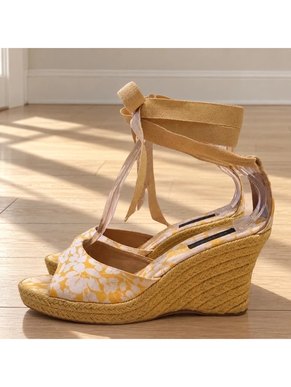 Burberry Yellow Floral Espadrille Wedge Ankle Tie Sandals EU 40 US 9.5